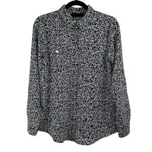 Karl Lagerfeld Black White Abstract Script Logo Print Roll Tab Blouse S Preppy